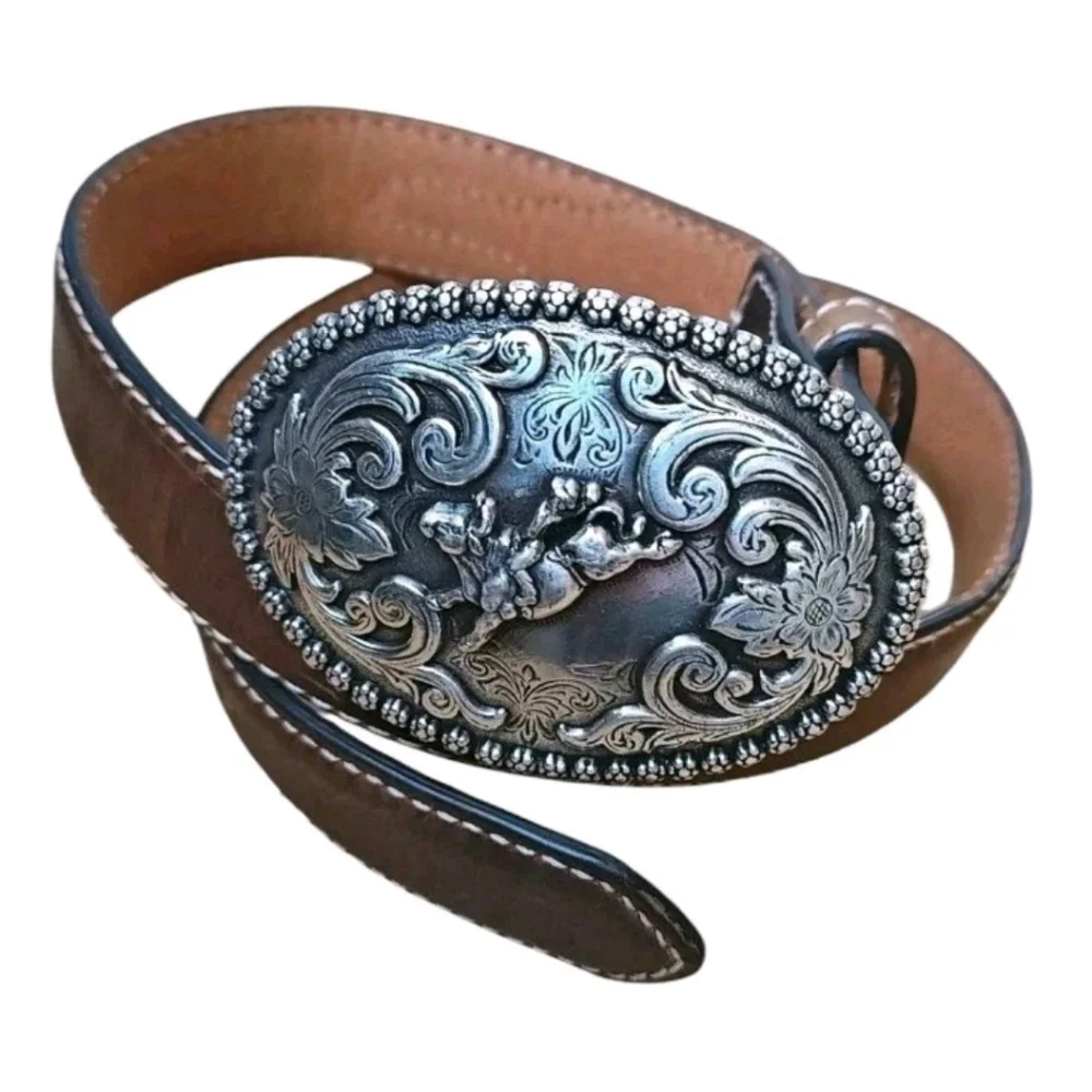 Nocona 4421844 3D Bullriders Silver Buckle Brown Leather Belt Boy Sz 24 23-28